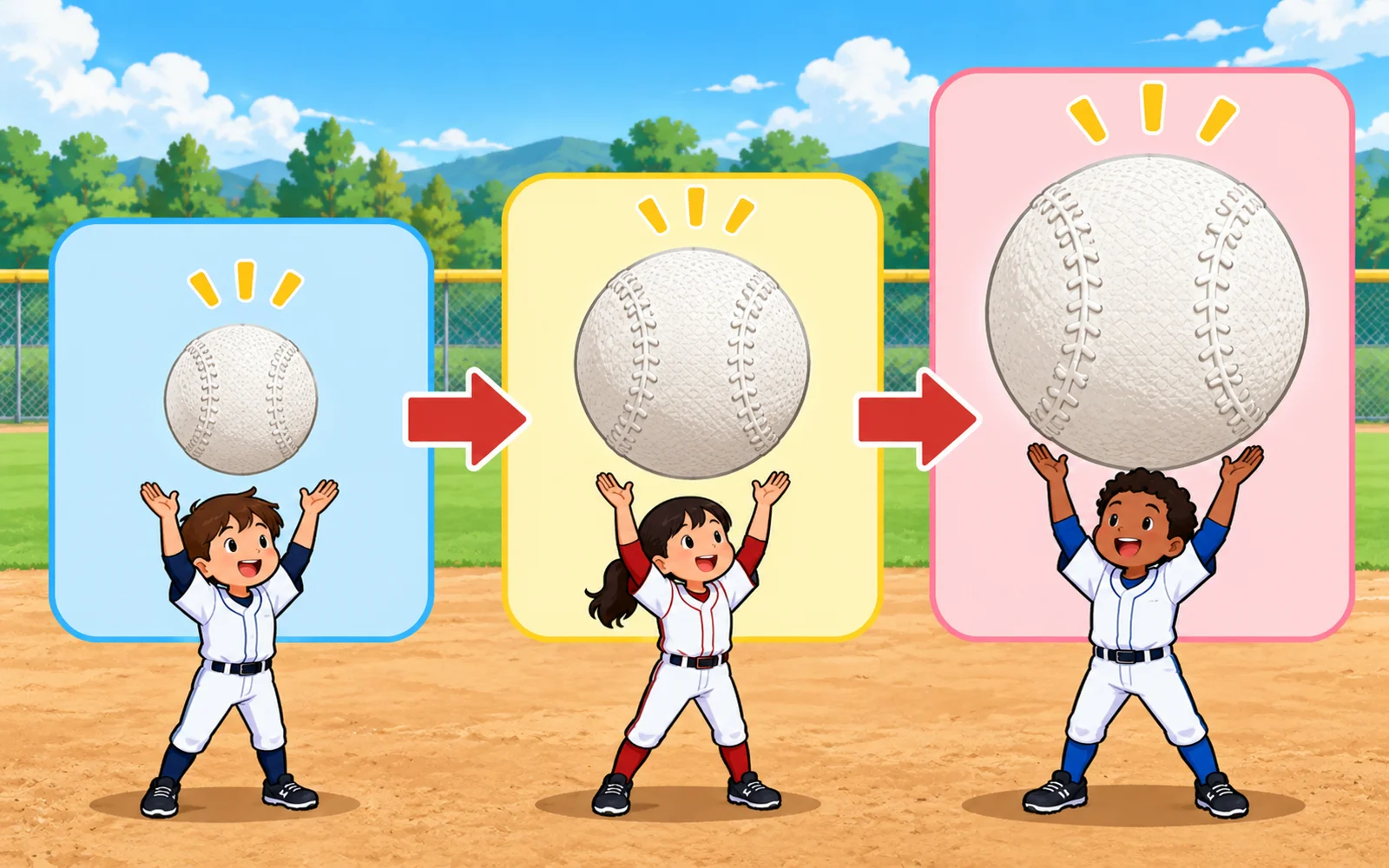 軟式野球の3種類のボールを大きさ順に並べた図。D号は小さく、J号、M号と大きくなる