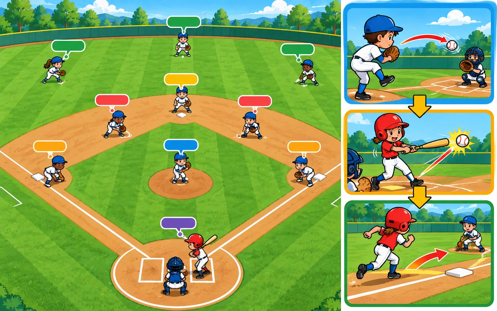 野球場の上から見た図。本塁、一塁、二塁、三塁と、投手や外野手などの守る場所の名前を示す
