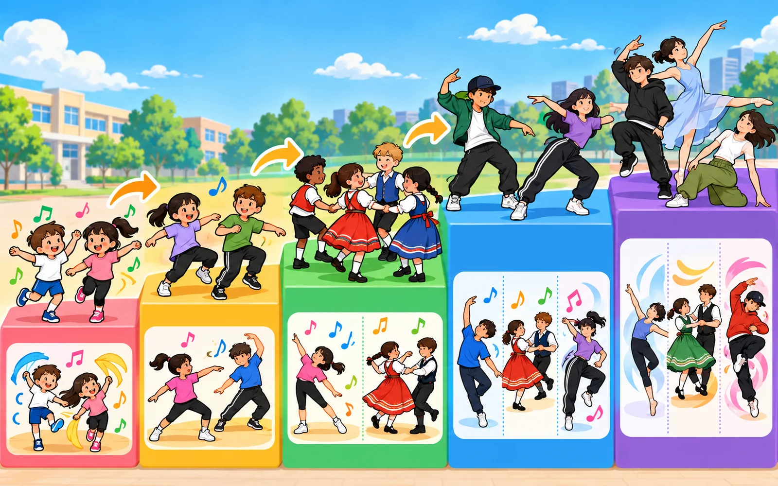 小学校から高校までのダンスの学習の流れを、階段のように並べた図。