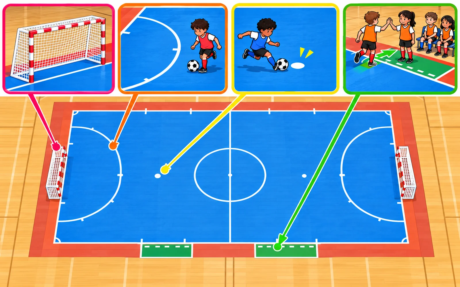 フットサルコートを上から見た図。ゴール、ペナルティーエリア、第2ペナルティーマーク、交代ゾーンの場所を示す