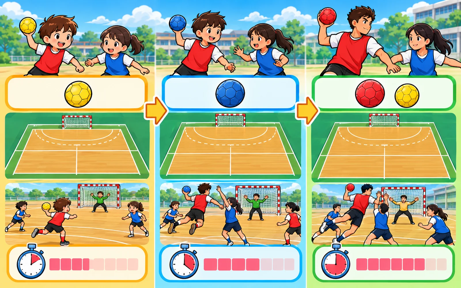 小学生、中学生、高校生・成年のコートの長さと試合時間、ボールの号数を比べた表。