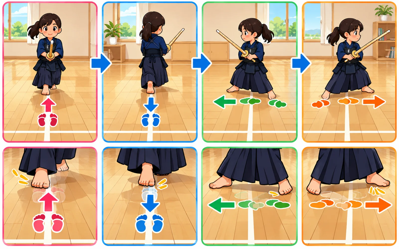 床のラインにそって、すり足で前、うしろ、左、右へ動く足の動きを、足あとと矢印で示した図。
