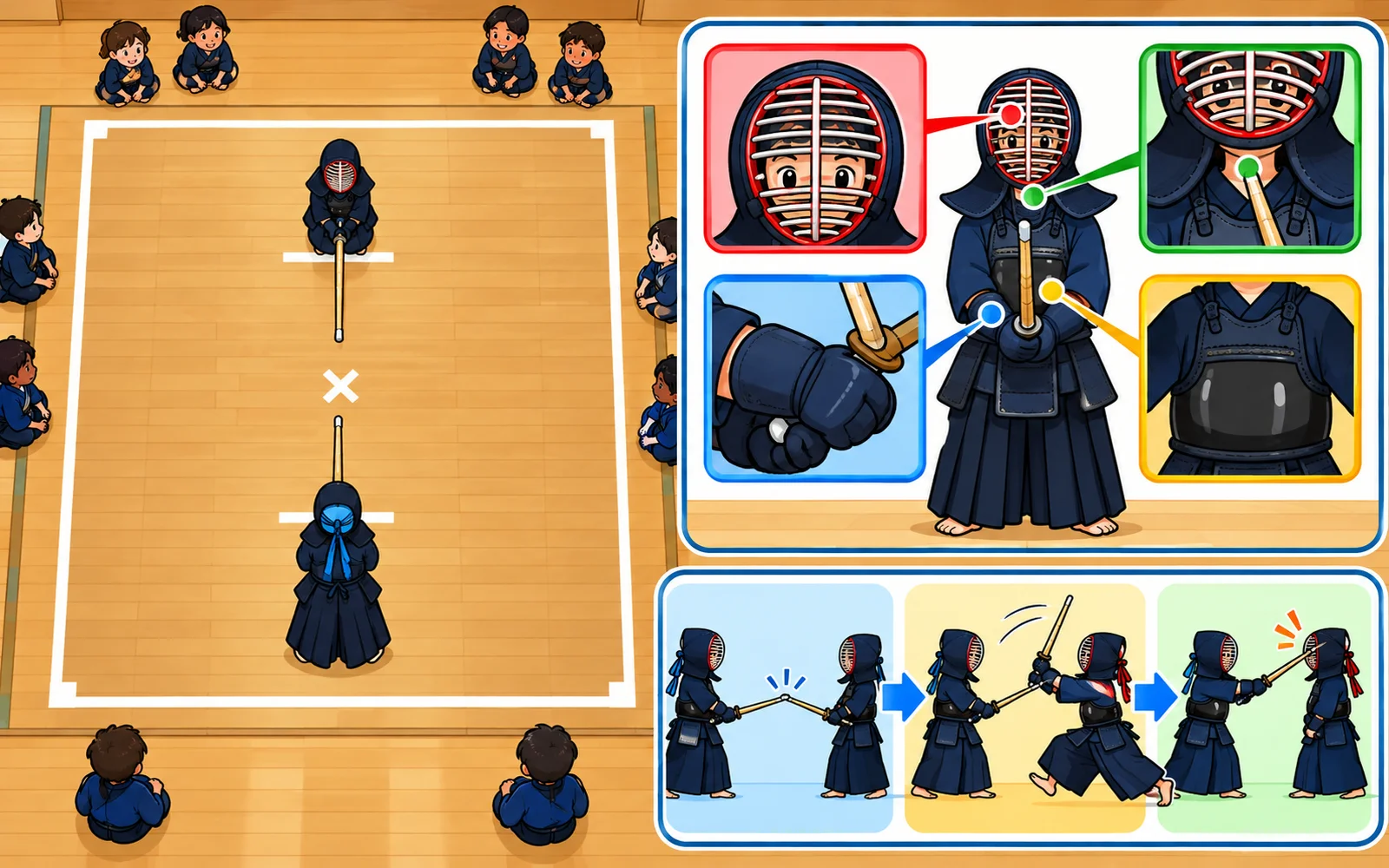 一辺9〜11mの正方形の試合場を上から見た図(中央の×印と左右の開始線)と、打つ場所の面・小手・胴・突き(のど)の位置を示す正面図