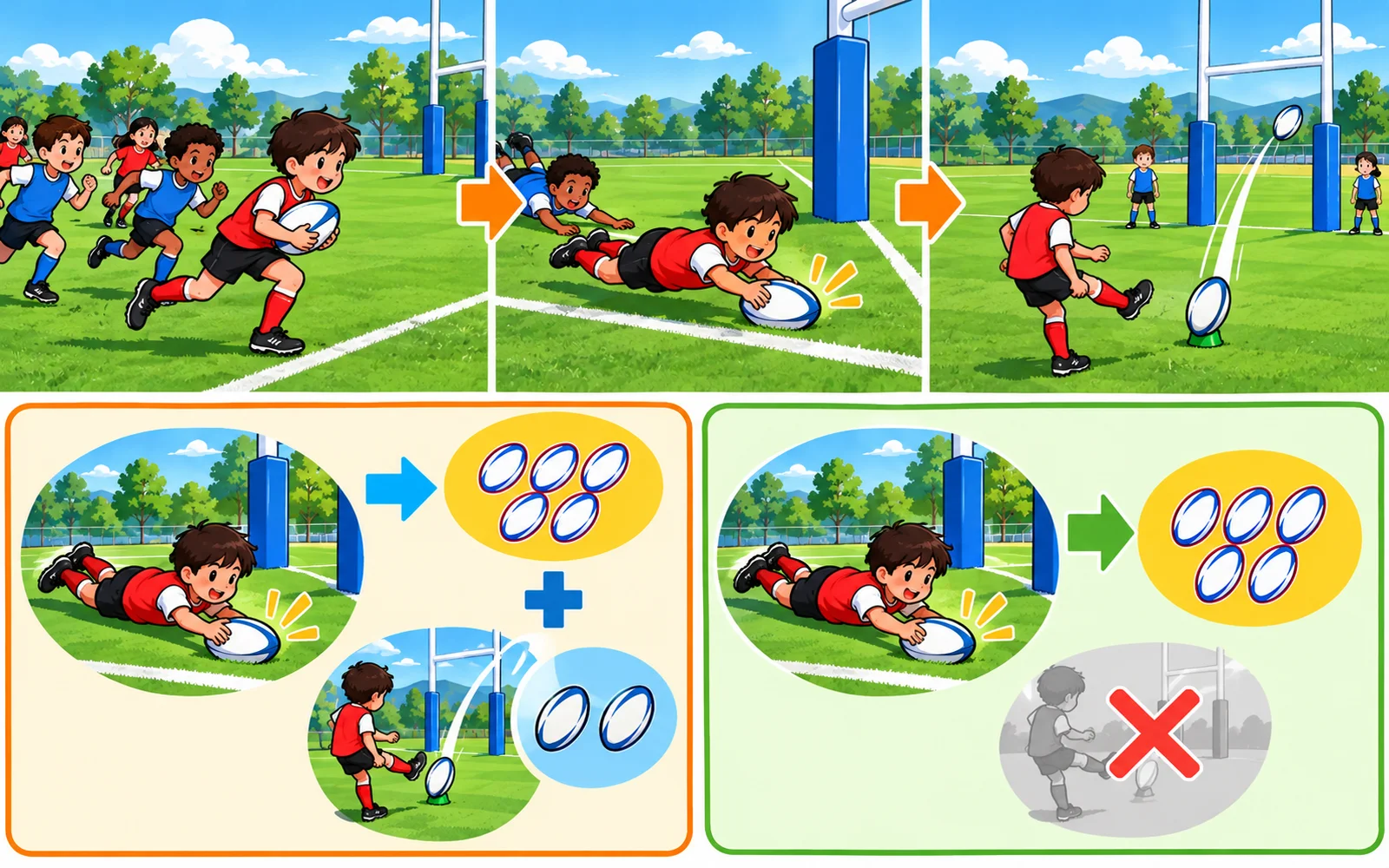 ゴールラインの向こうのインゴールでボールを地面につけるトライは5点。U12ではそのあとのキックのコンバージョンが2点。U10ではコンバージョンはない