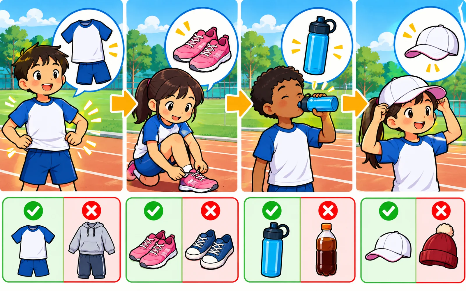 ランニングに必要な、動きやすい服、走りやすいくつ、水筒、帽子の絵。