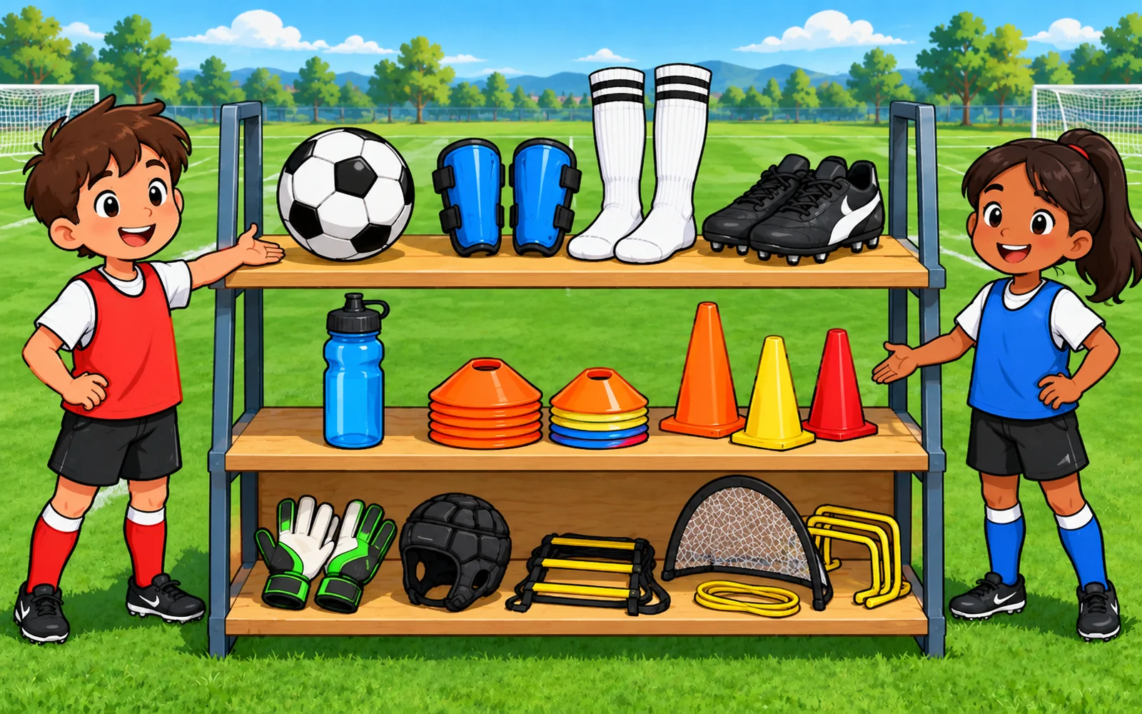 サッカーの用具を、必要・あるといい・まだ買わなくていいの3段に分けた絵
