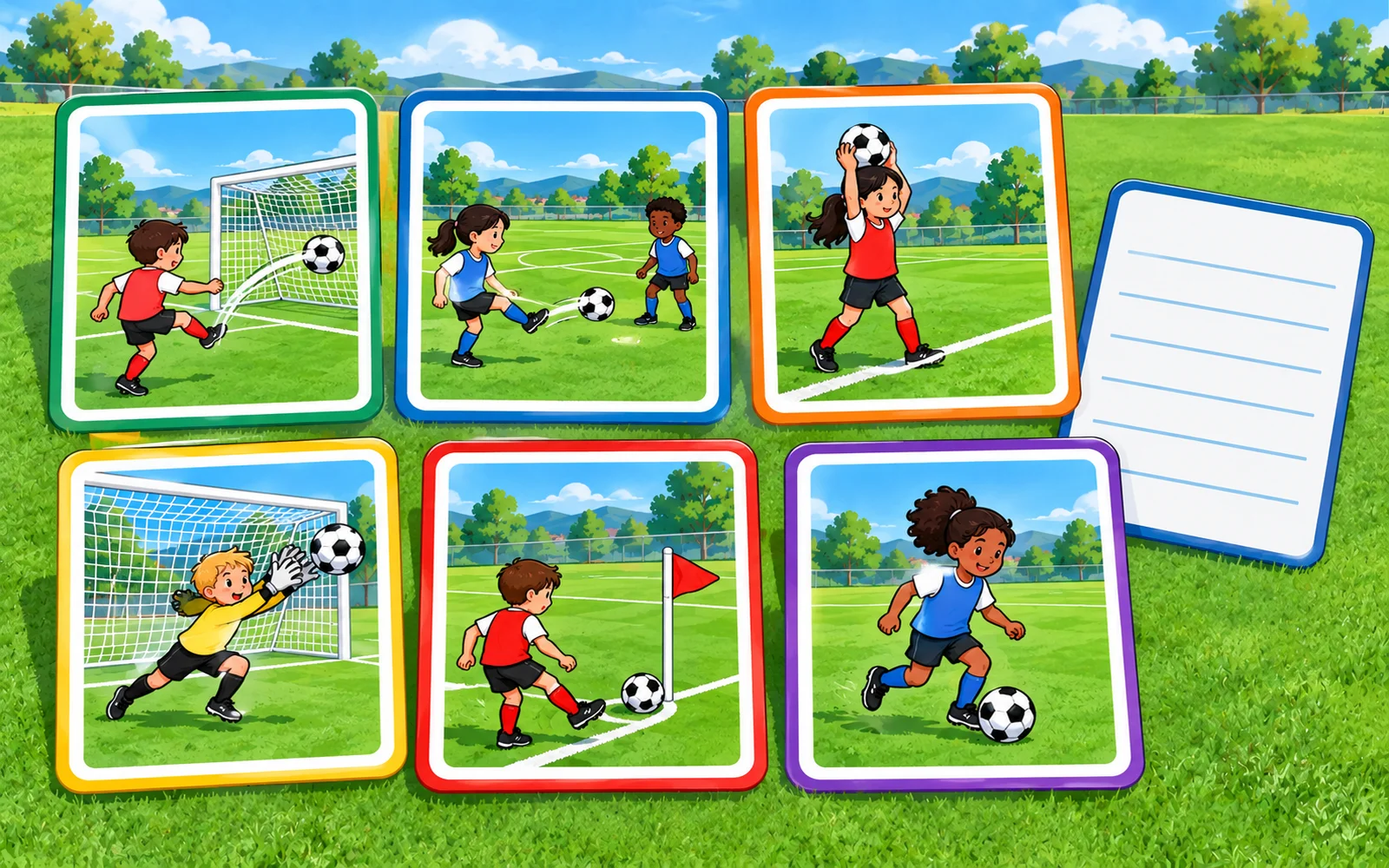 サッカーの用語を、絵と意味つきのカードにしたもの