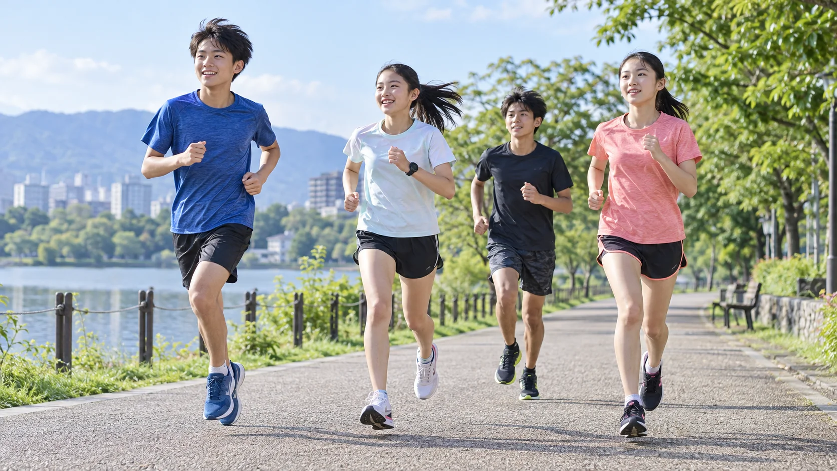 公園の道を走る若者たち