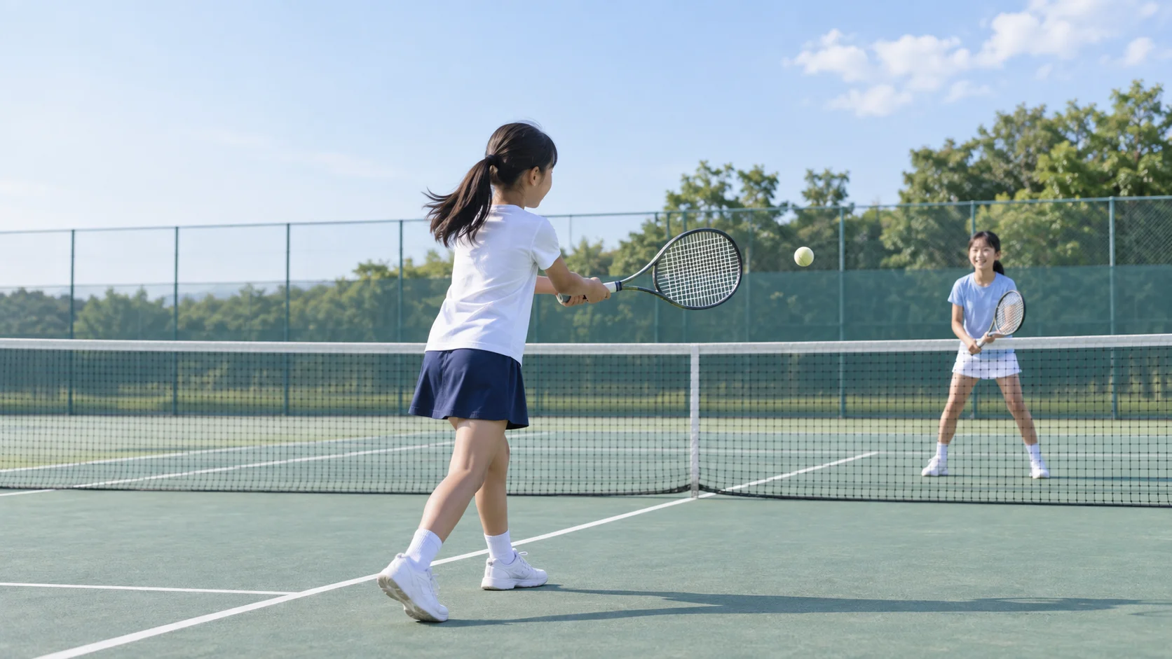 コートでソフトテニスをする子どもたち